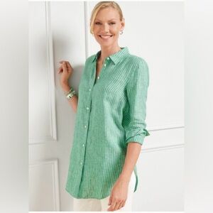 Talbots Linen Boyfriend Shirt Firefly Stripe. Size Medium.